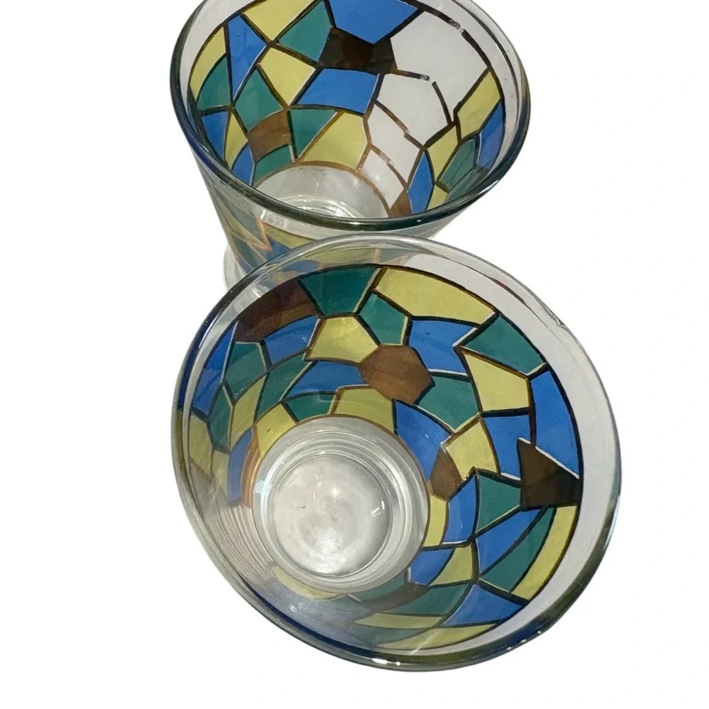 Vintage Style Mosaic Shot Glasses Blue Green Gold Stained Glass Look Set of 2‎